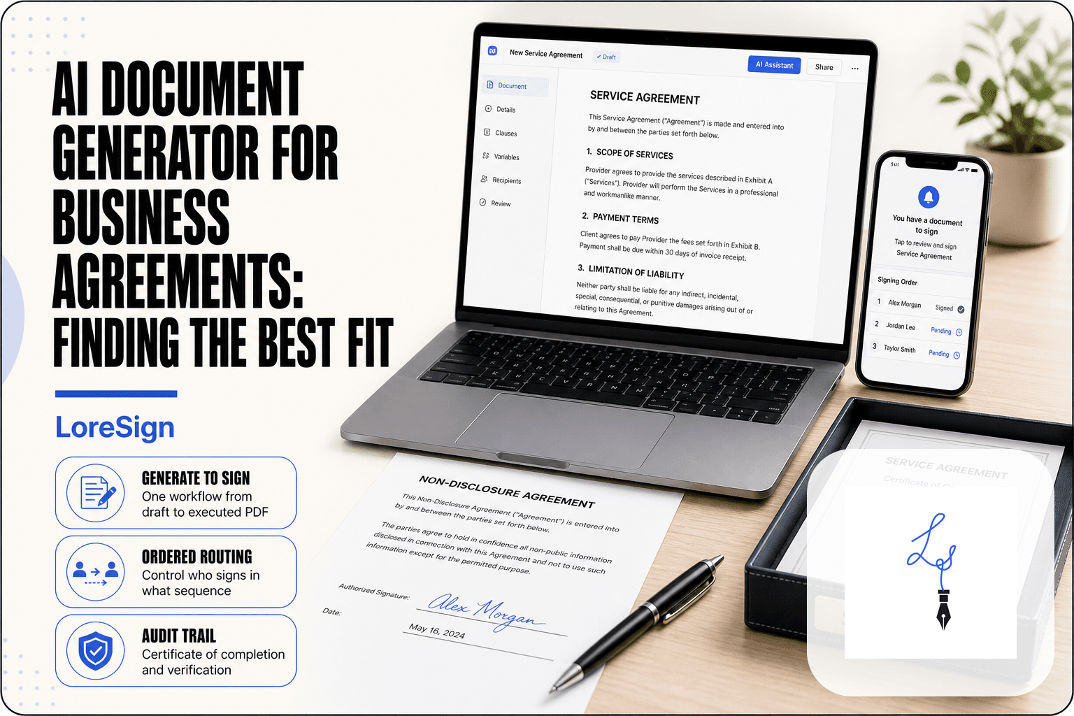 LoreSign AI document generator drafting a service agreement on a laptop, with a smartphone showing a signing link and a printed NDA signed on a clean desk.