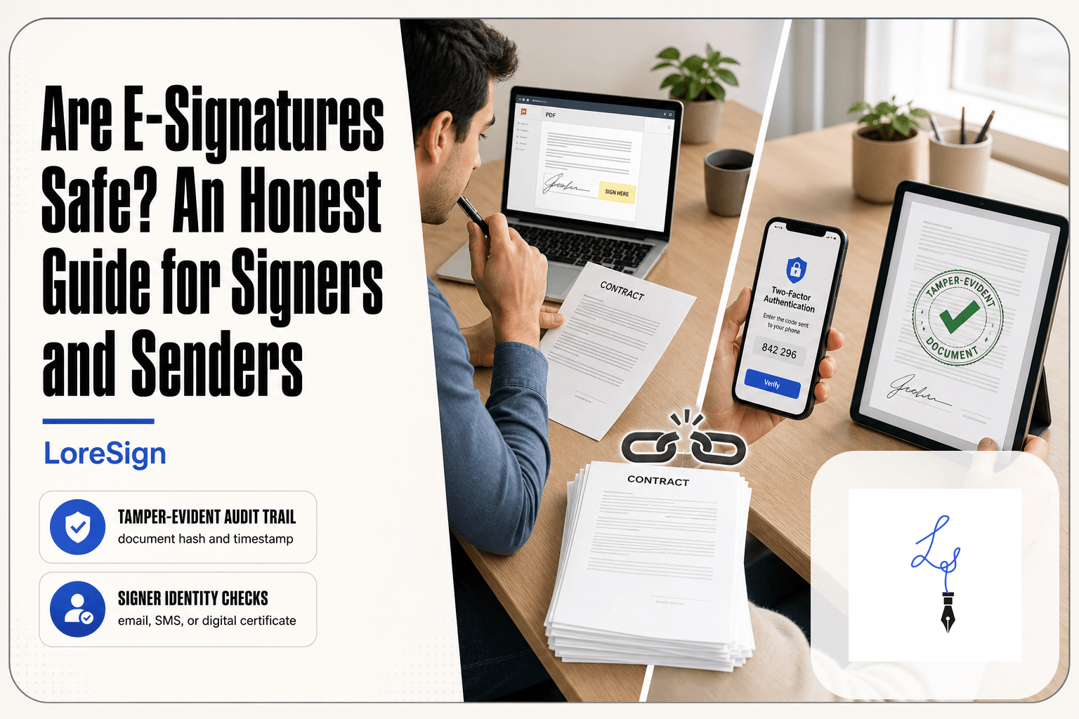 Editorial split-view of a person reviewing a contract on paper and laptop beside a smartphone showing two-factor authentication and a tablet with a tamper-evident seal, illustrating LoreSign's guide to e-signature safety for signers and senders.