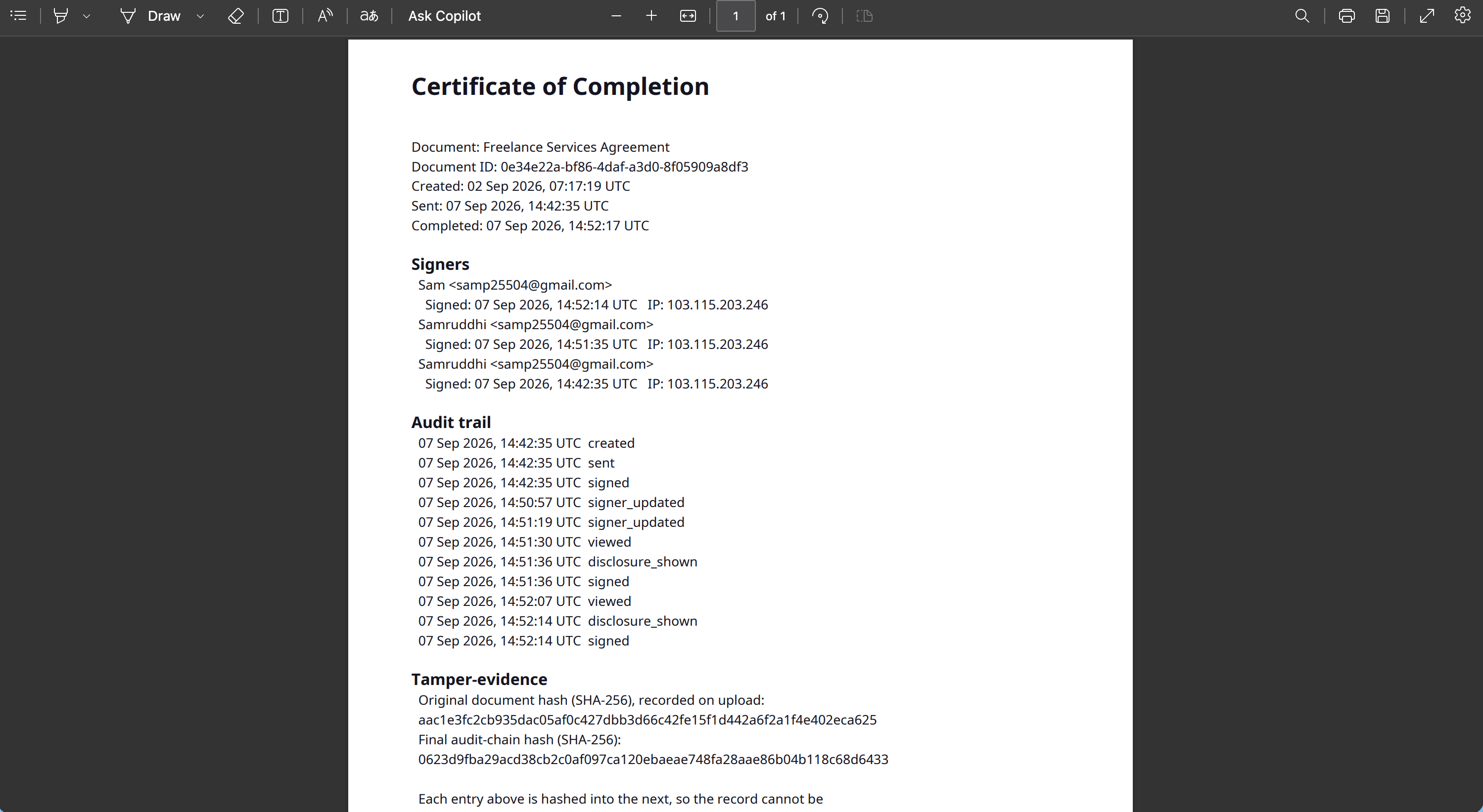 Audit trail certificate