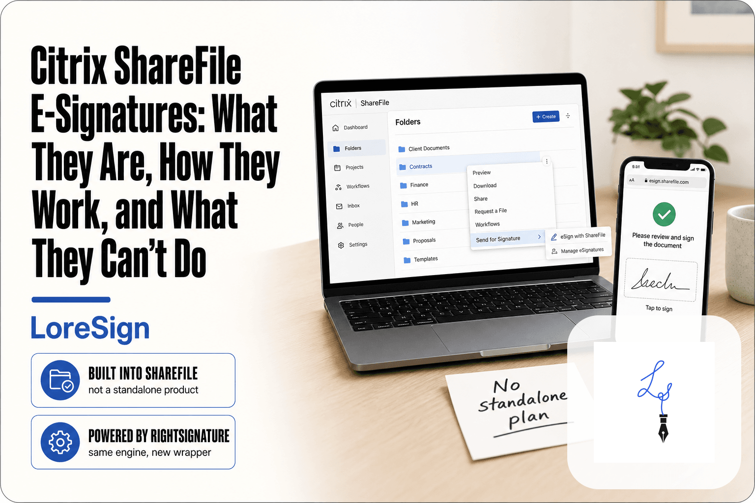 Split-scene desk with a laptop showing ShareFile's document management dashboard and e-signature option, and a smartphone displaying a standalone e-signature link ready to be tapped, illustrating the platform dependency discussed in the LoreSign guide.