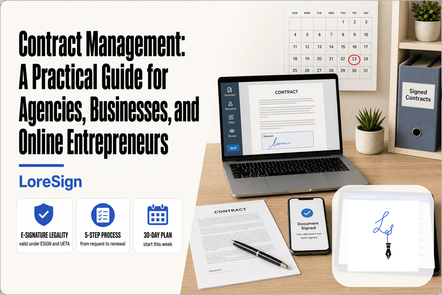 LoreSign guide to contract management showing a laptop with a digital signature, a printed contract, a smartphone signing notification, and a renewal calendar on a small agency desk.