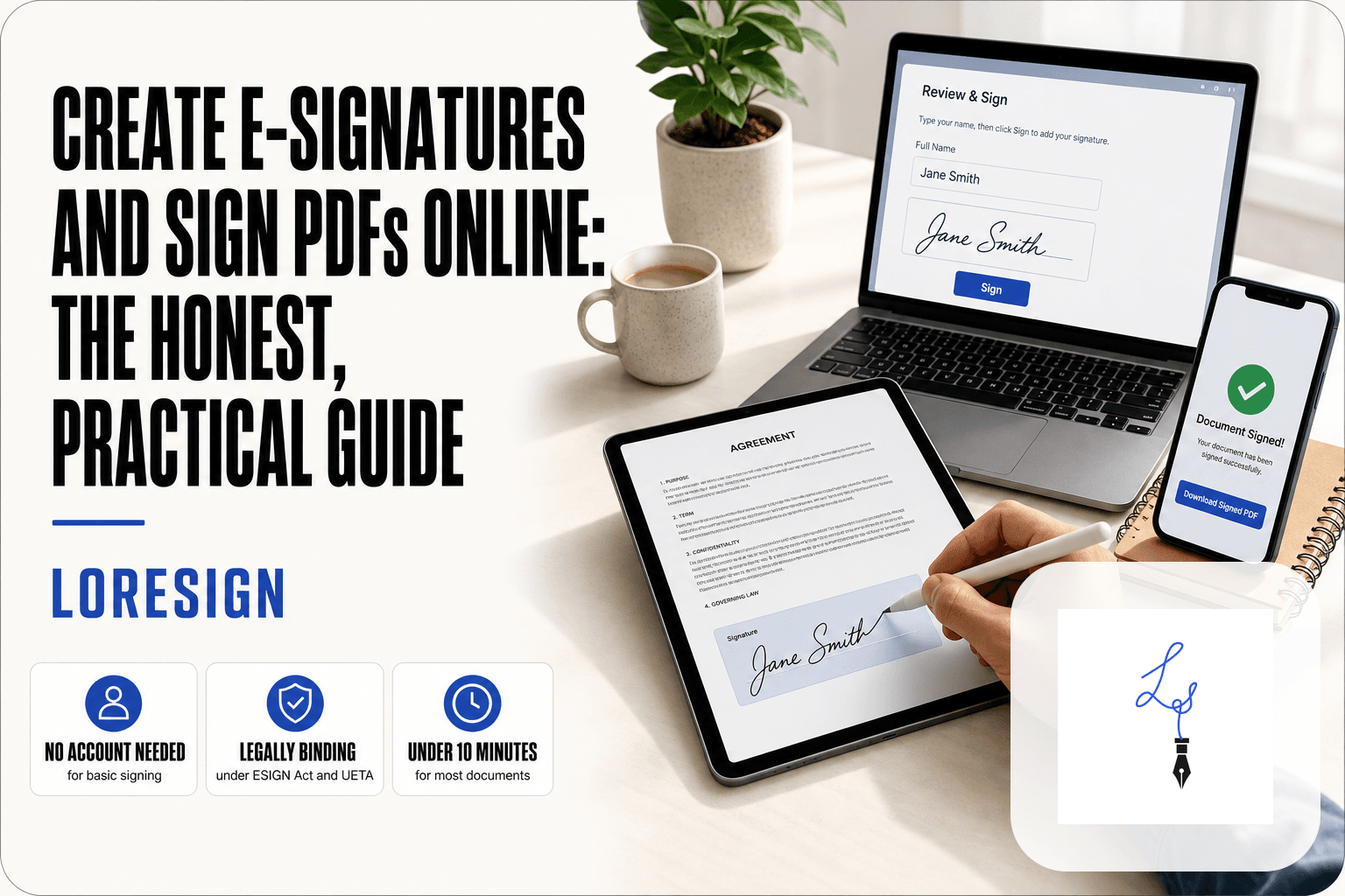 LoreSign guide showing a hand drawing an e-signature on a tablet PDF while a laptop and phone display the sign and download steps.