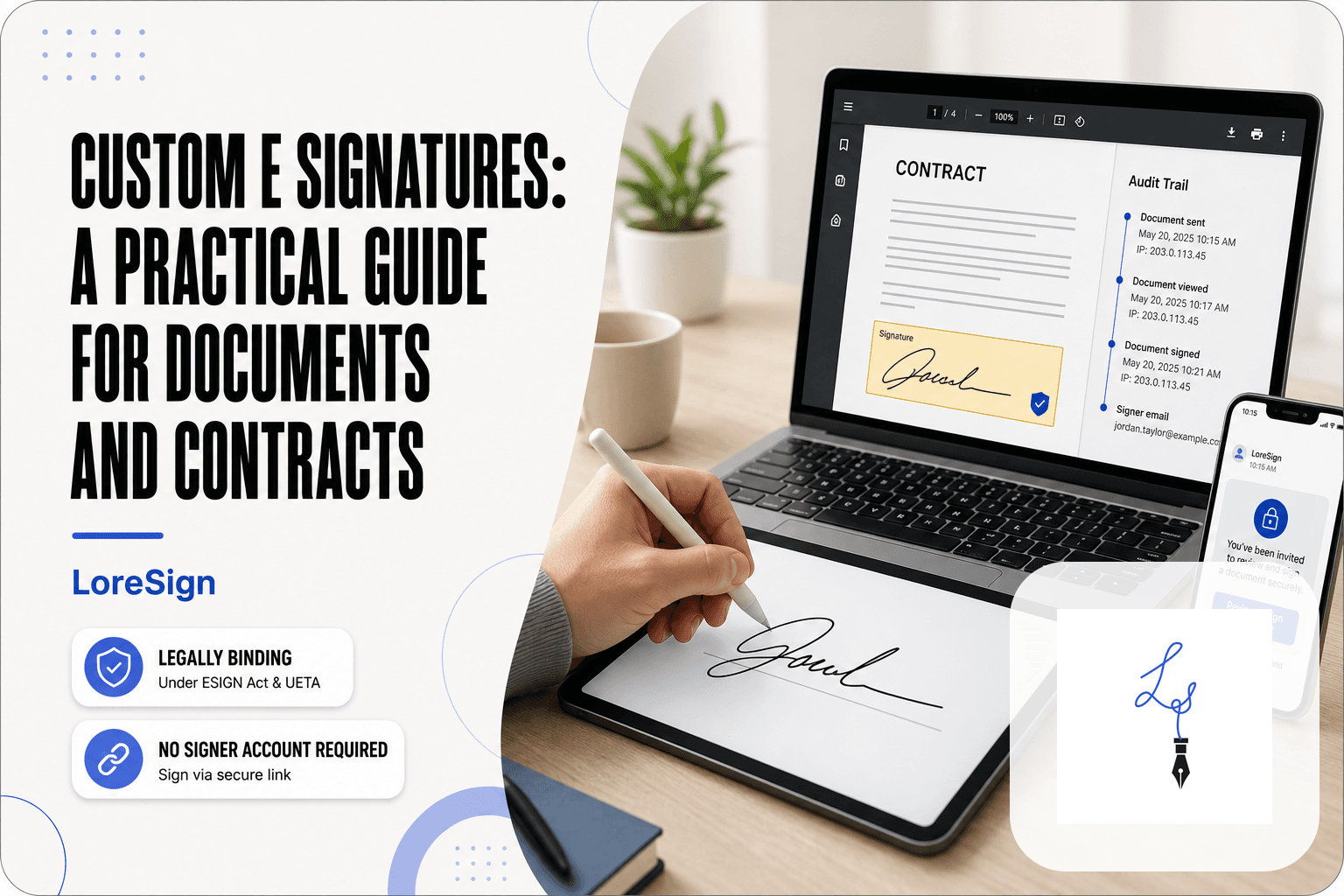 Close-up of a hand drawing a custom e-signature on a tablet, with a laptop showing a PDF contract and audit trail, and a smartphone displaying a secure signing link.