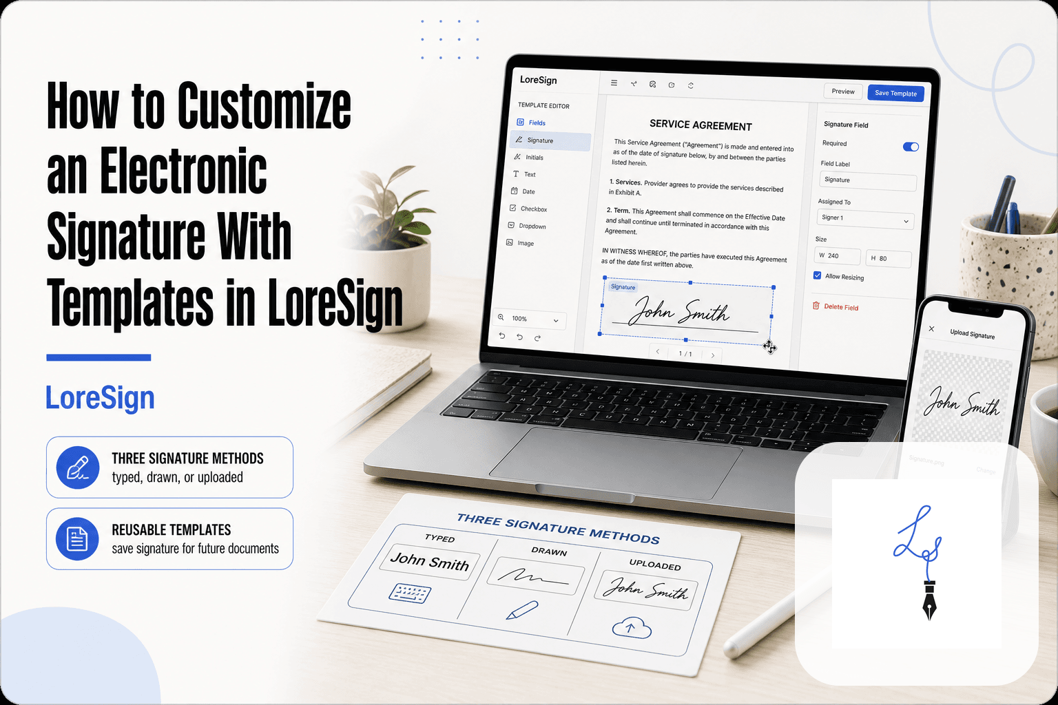 LoreSign template editor on a laptop showing a signature field being placed on a PDF, with a smartphone displaying a transparent signature upload and a card showing typed, drawn, and uploaded signature methods.