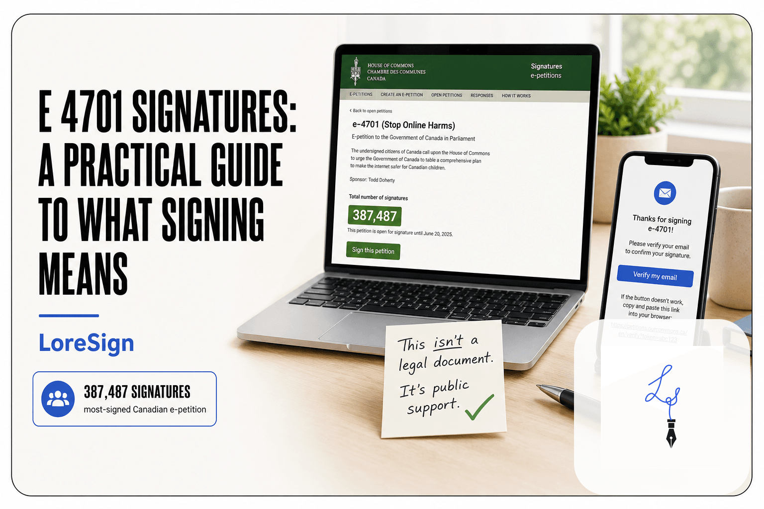 Editorial split-scene showing the House of Commons e-petition page for e-4701 on a laptop and a confirmation email with a verification link on a smartphone, illustrating how LoreSign distinguishes civic petition signatures from legally binding e-signatures.