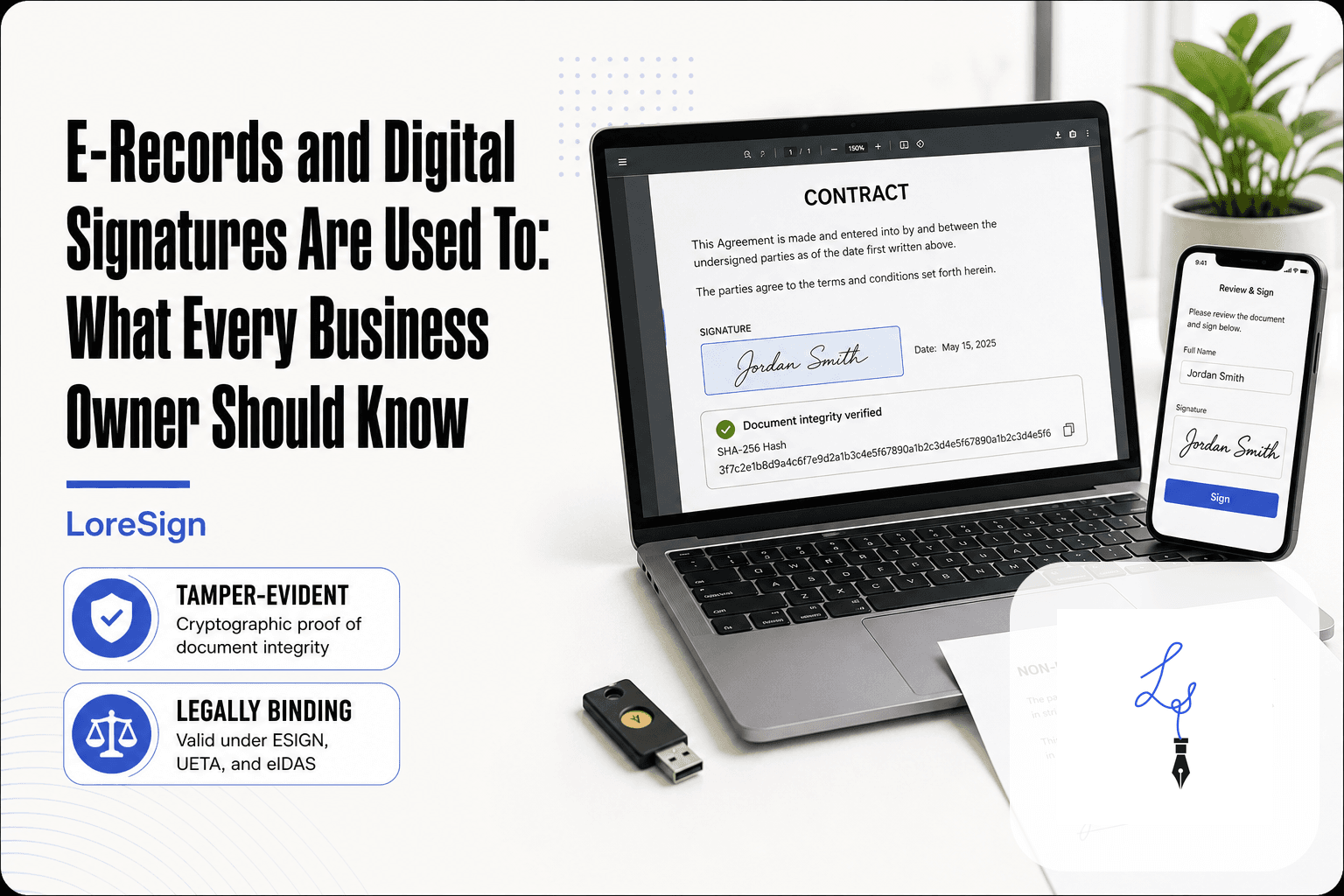 LoreSign editorial scene showing a laptop with a PDF contract and generated cryptographic hash, a smartphone with a simple signer view, and a printed NDA with a handwritten signature.