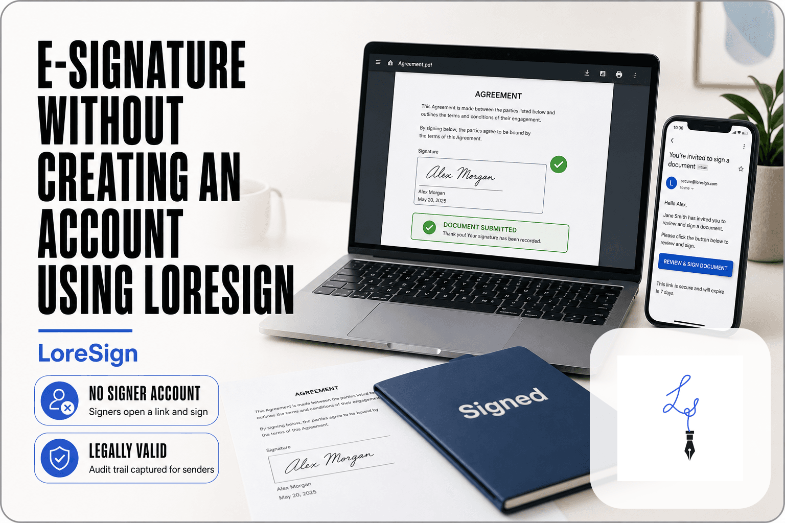Close-up of a laptop showing a signed PDF confirmation in LoreSign, with a smartphone displaying a secure signing link and a folder of completed documents on a clean desk.