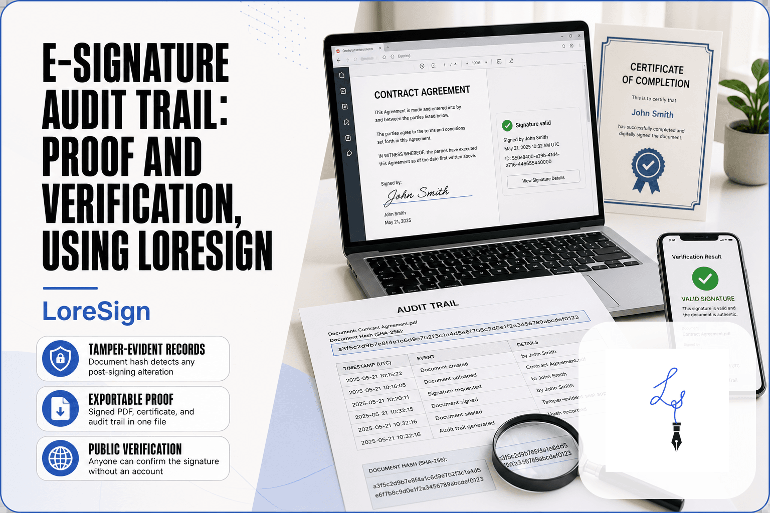 LoreSign e-signature audit trail displayed on a laptop with a printed event log, document hash highlighted, and a smartphone showing a public verification page.