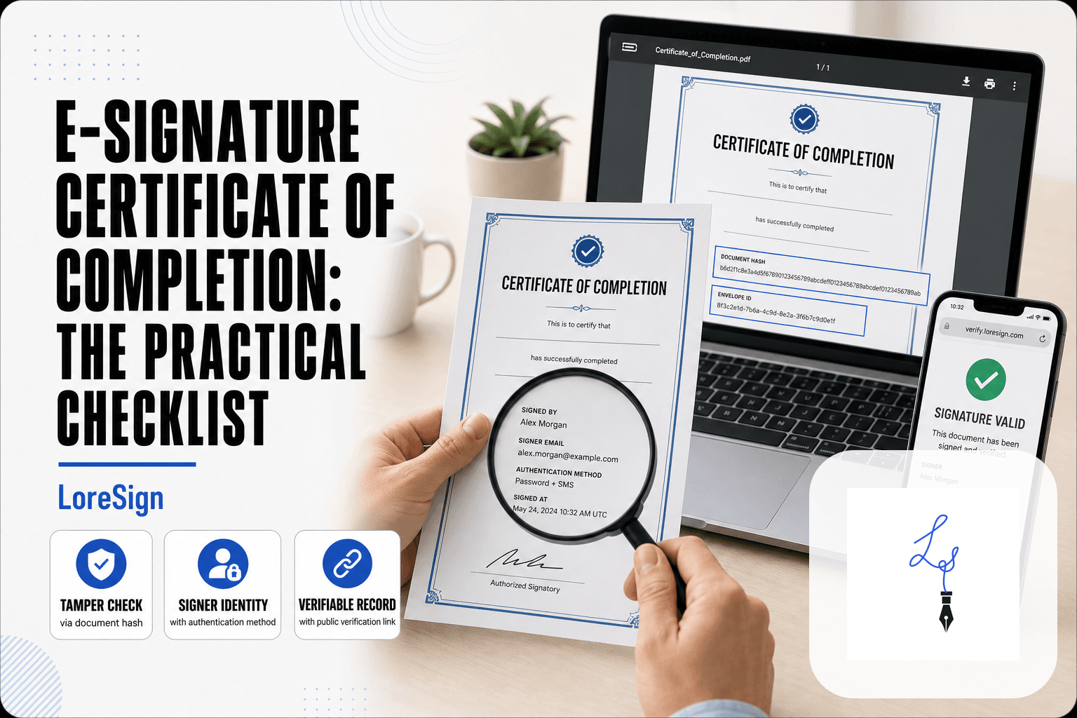 Editorial scene of a person verifying an e-signature certificate of completion with a magnifying glass, laptop, and smartphone showing the LoreSign verification page.
