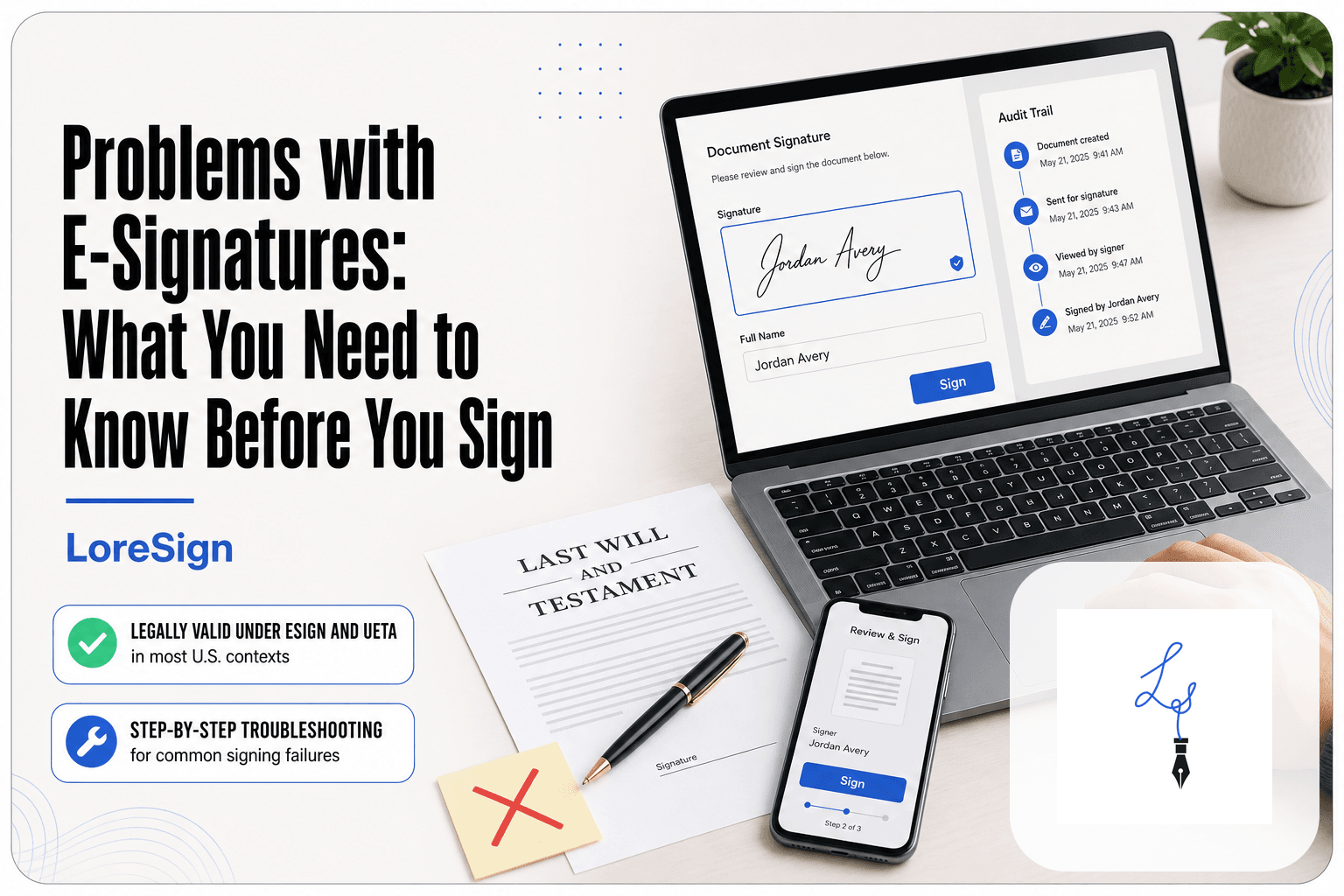 A person hesitates before clicking Sign on a laptop e-signature interface beside an unsigned will marked with a red X, illustrating common e-signature problems.
