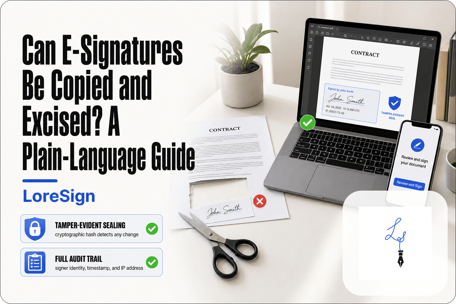LoreSign guide comparing a cut-out handwritten signature on a printed contract with a tamper-evident e-signature on a laptop, showing how compliant e-signatures resist copying and excision.