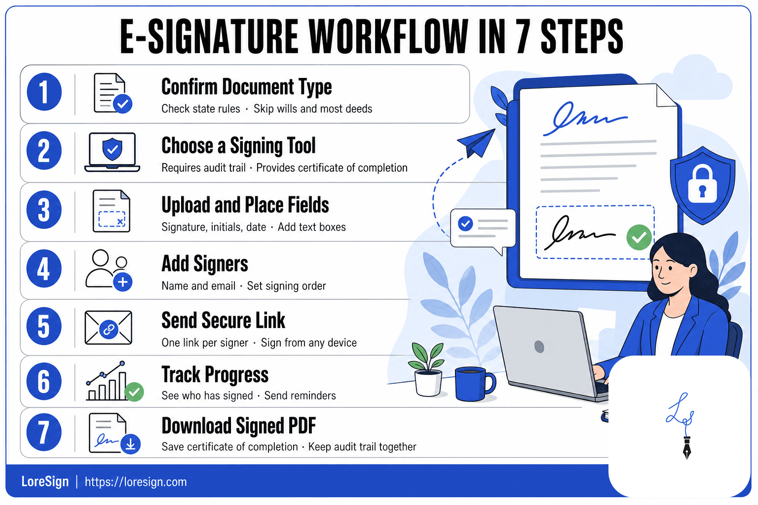 Numbered card sequence showing the seven-step e-signature workflow from confirming document type to downloading the signed PDF and certificate of completion.