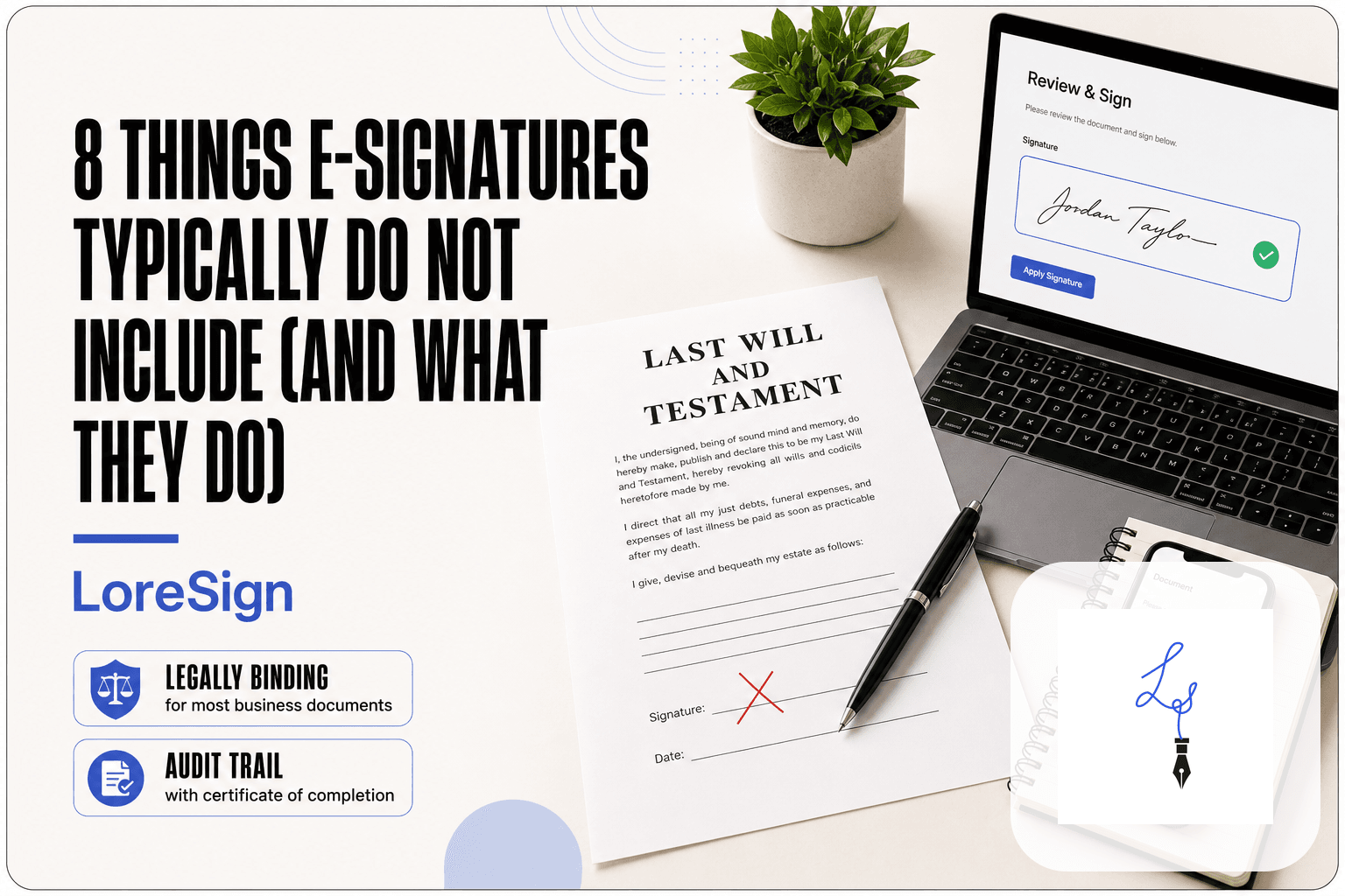 LoreSign guide showing a printed will marked with a red X beside a laptop and smartphone displaying valid e-signature options, illustrating what e-signatures typically do not include.