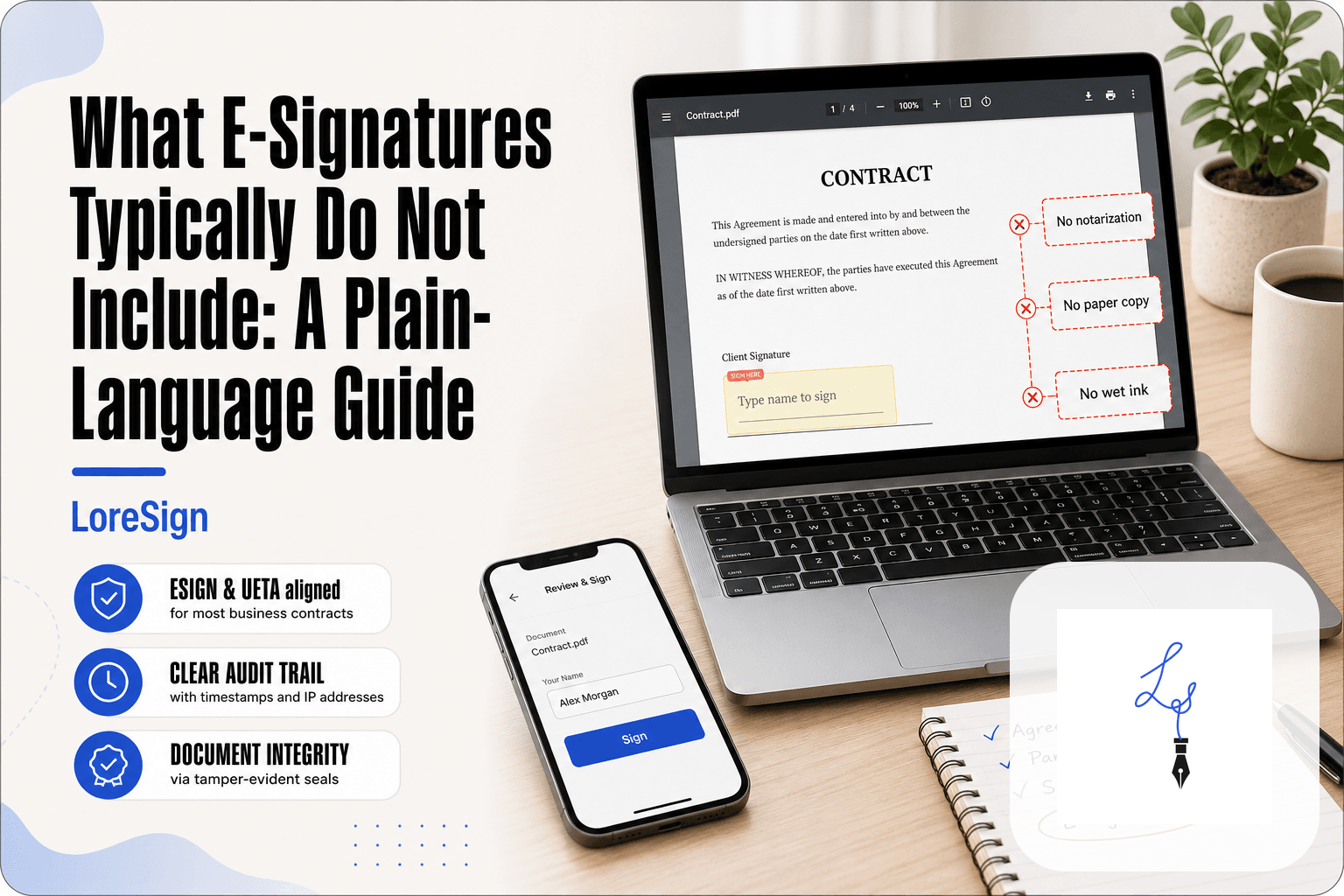 LoreSign guide showing a laptop with an e-signature contract and red dashed lines marking notarization, paper copy, and wet ink as not included, beside a smartphone with a signer view ready to tap Sign.