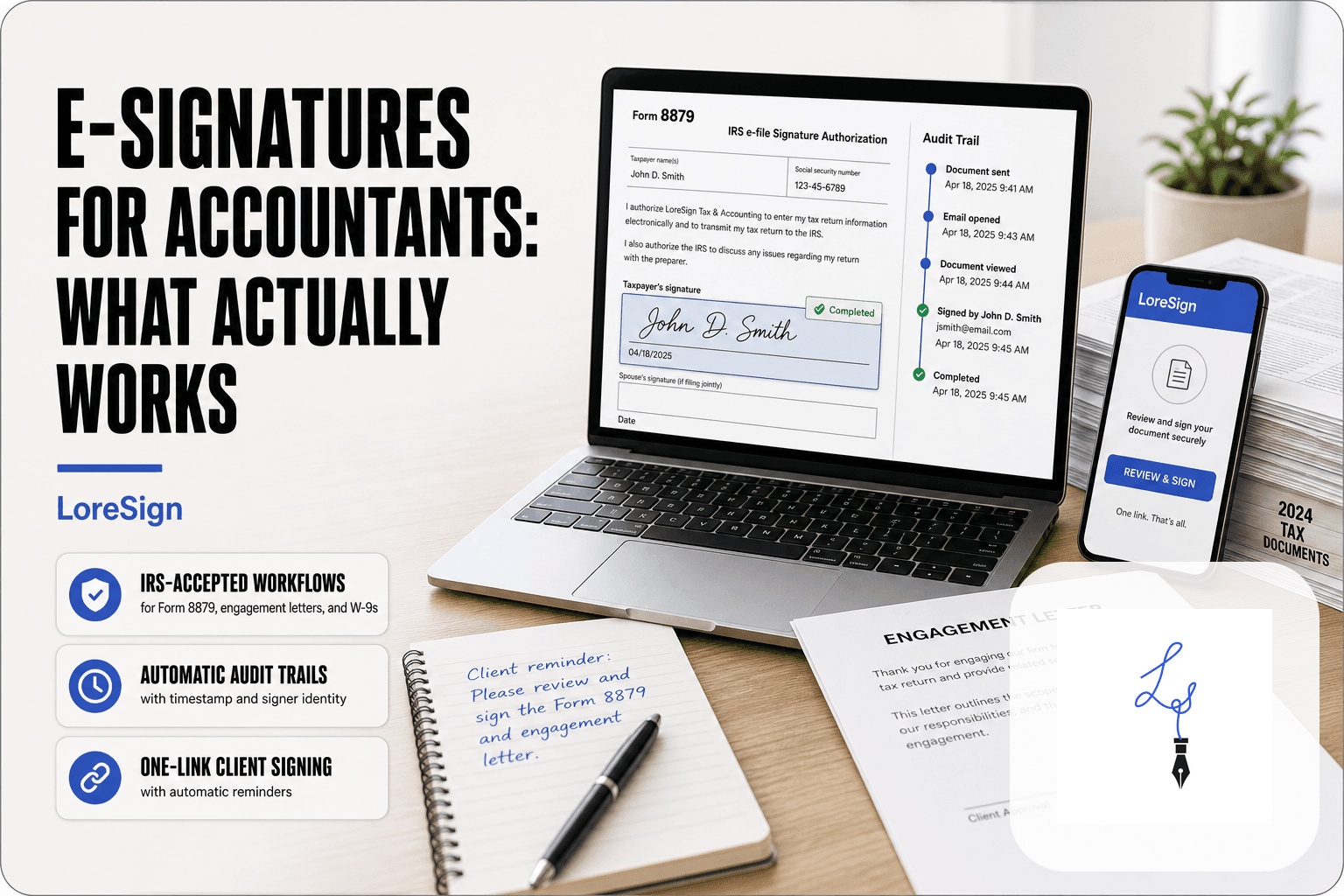 LoreSign editorial scene showing an accountant's desk with a laptop displaying a signed Form 8879 and audit trail, a smartphone with a signing link, and a printed engagement letter.