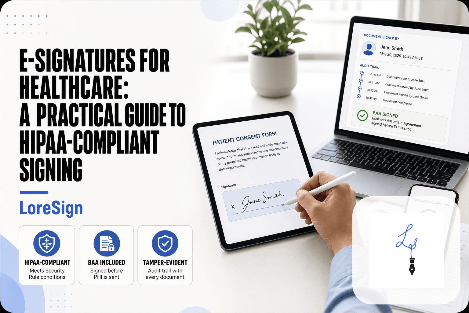 LoreSign healthcare e-signature scene showing a tablet consent form being signed with a stylus, a laptop displaying an audit trail, and a smartphone with a completed document.