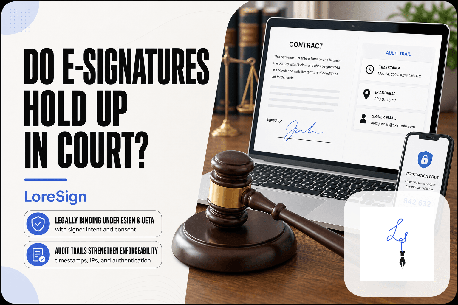 Judge's gavel beside a laptop showing a signed contract with an audit trail panel listing timestamp, IP address, and signer email; a smartphone displays a one-time verification code.
