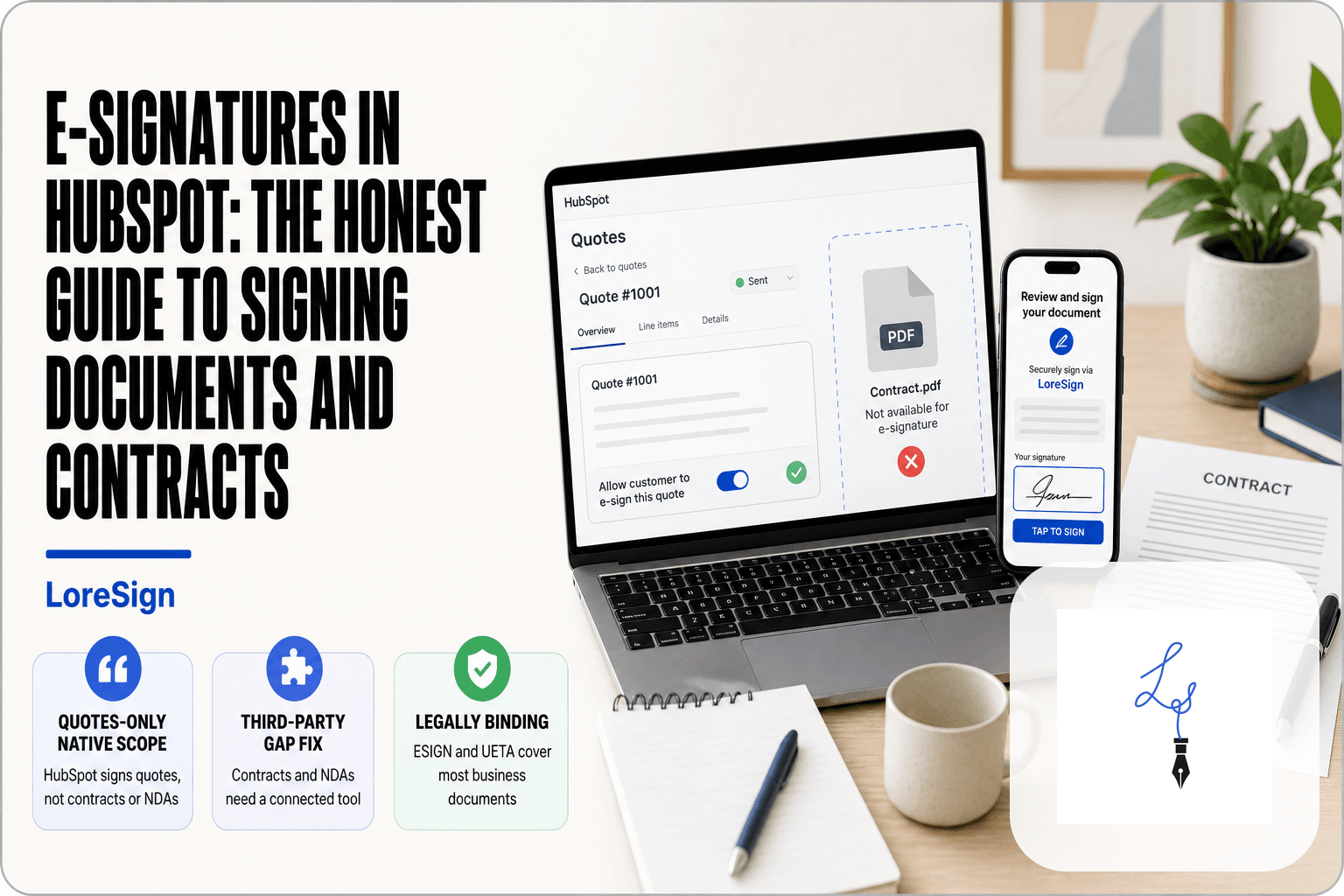 LoreSign guide to HubSpot e-signatures: a laptop shows the HubSpot Quotes tool with e-signature enabled, while a smartphone displays a third-party signing link for contracts and NDAs.