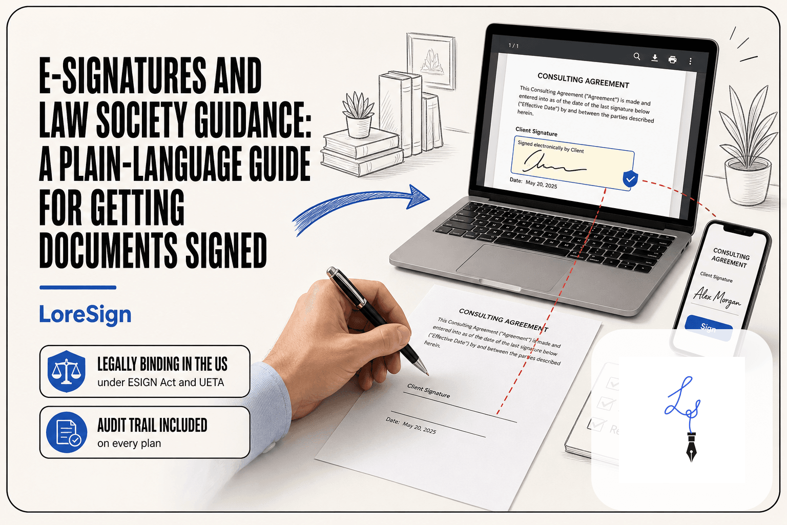 A hand pauses with a pen over a printed contract beside a laptop and smartphone showing an electronic signature field and signer view, illustrating the shift from wet ink to compliant e-signatures under US law.
