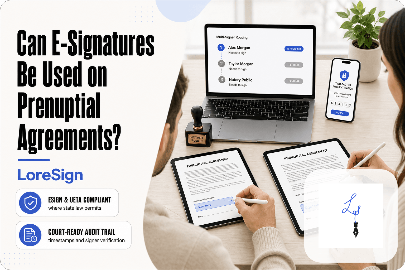 LoreSign editorial scene of a couple e-signing a prenuptial agreement on two tablets with a laptop showing multi-signer routing, notary stamp, and authentication prompt nearby.