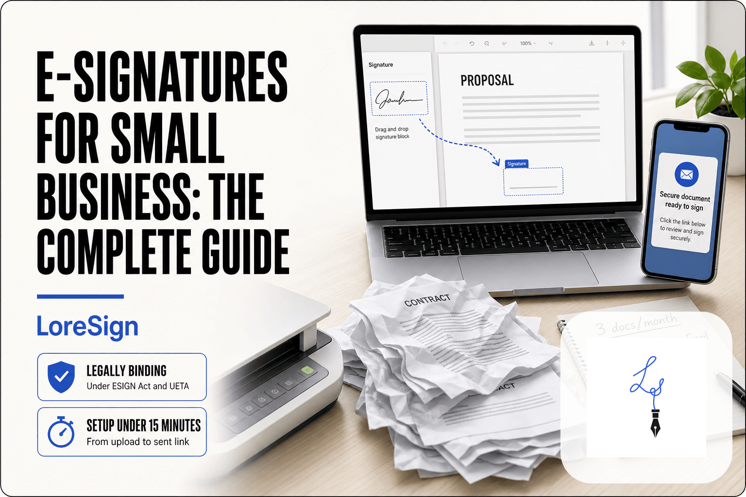 Editorial scene on a clean desk showing a laptop with an e-signature field being placed on a proposal PDF, a smartphone with a signing link notification, and a stack of printed contracts beside a scanner, illustrating the shift from paper to electronic signing for small business.