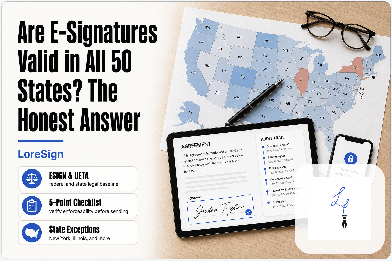 Overhead view of a U.S. map on a desk beside a tablet showing a contract with an e-signature field and audit trail, illustrating e-signature validity across all 50 states.