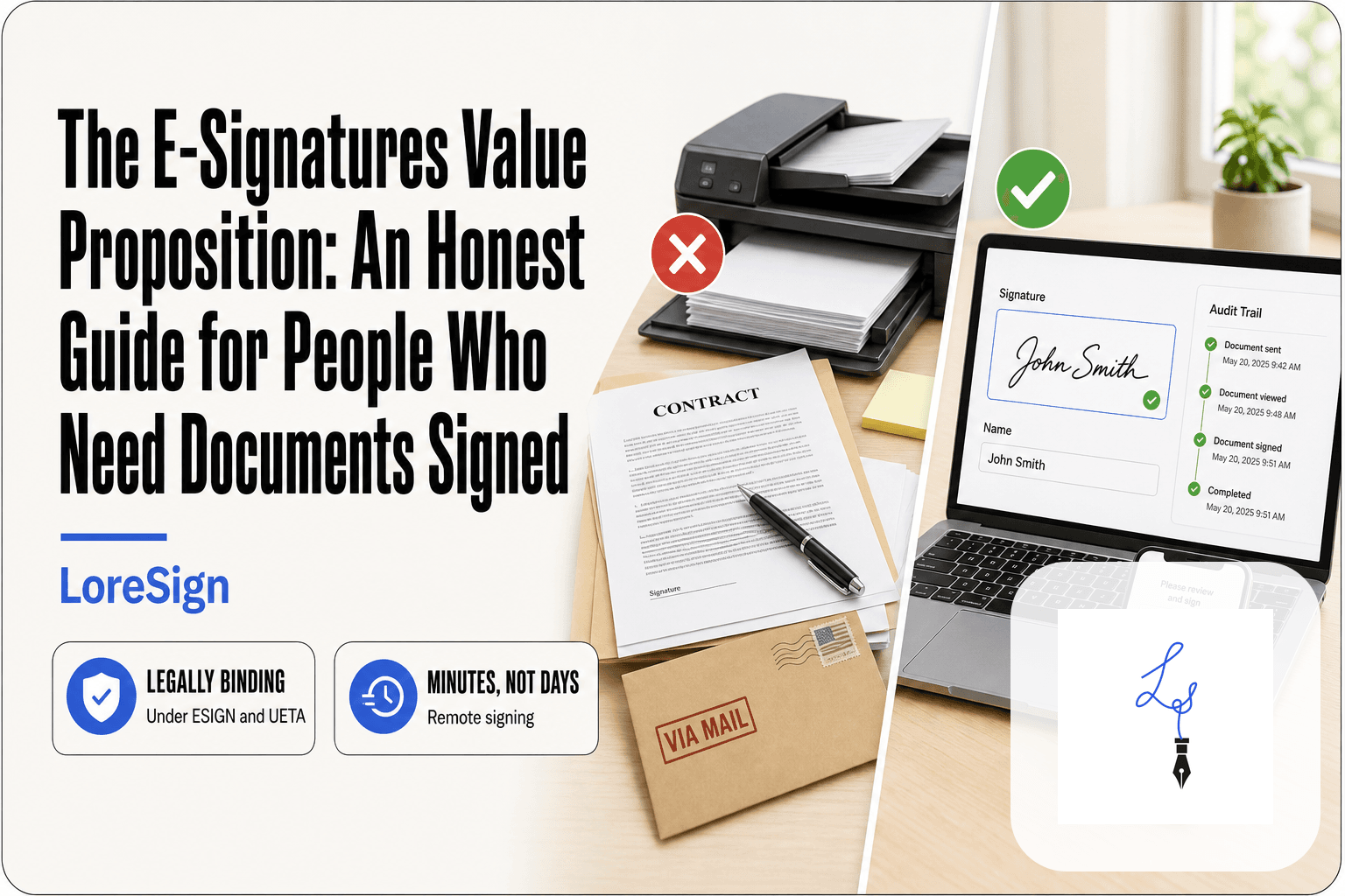 Split scene comparing a paper contract with pen, envelope, and scanner to a laptop and smartphone showing a clean e-signature interface with audit trail, illustrating the LoreSign value proposition.