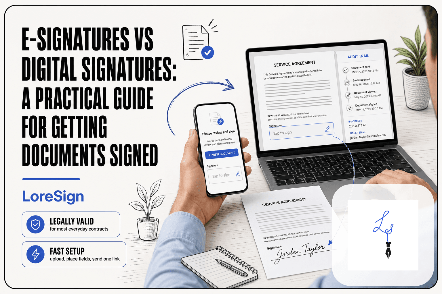 Close-up of hands signing a PDF contract on a laptop while a smartphone shows a secure signing link, illustrating LoreSign's e-signature workflow with an audit trail.
