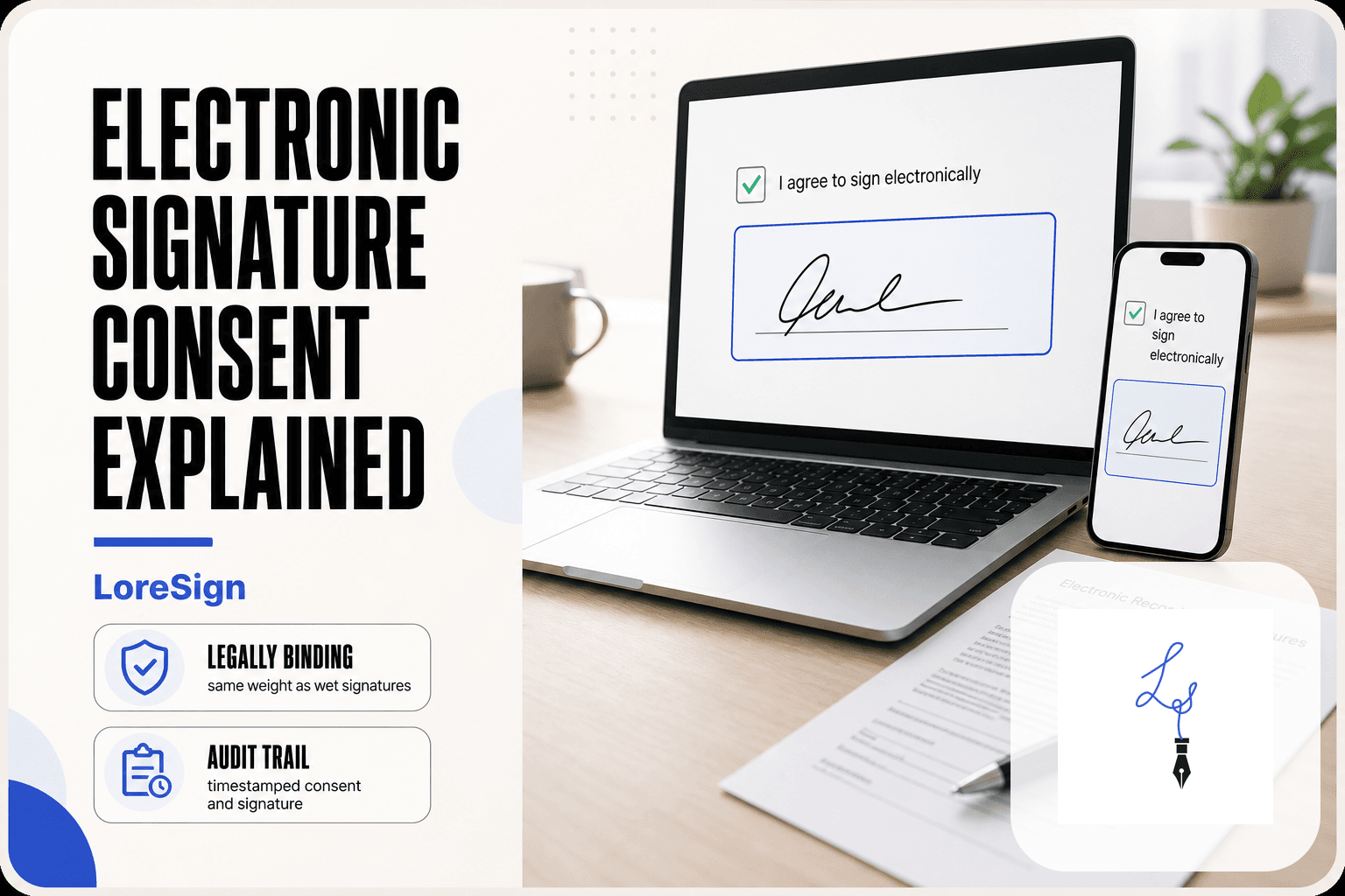 Laptop and smartphone showing an electronic signature consent checkbox and signature field, with a printed consent disclosure page beside them on a clean desk.
