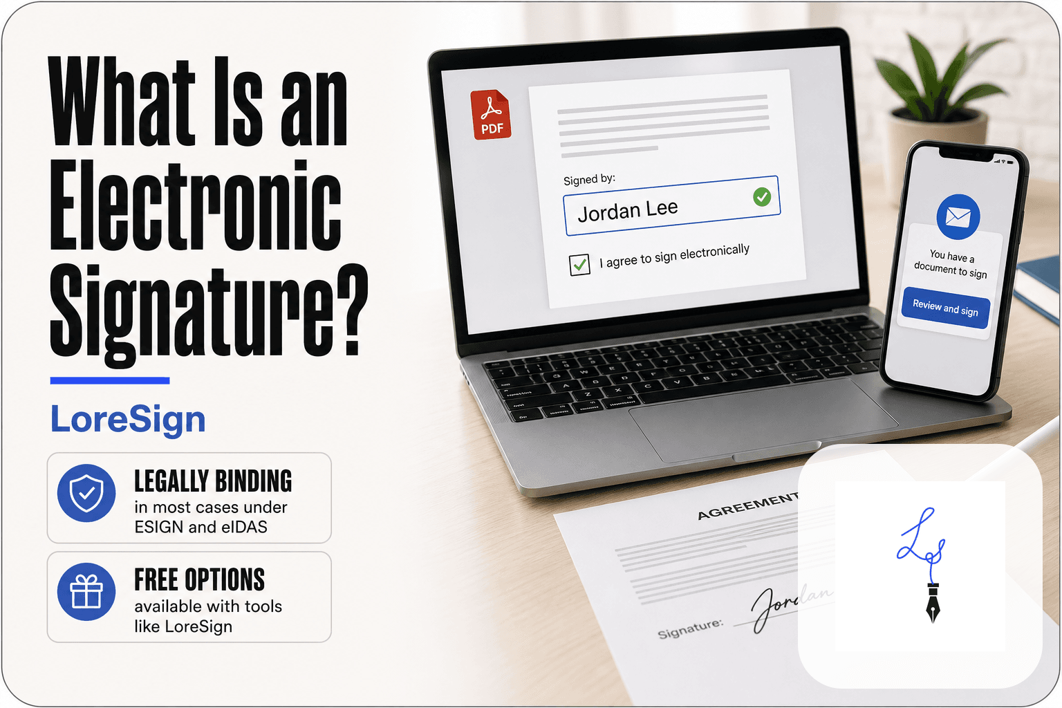 LoreSign editorial scene showing a laptop with a typed electronic signature on a PDF, a smartphone with a signing link, and a printed contract with a drawn signature, illustrating common e-signature forms.