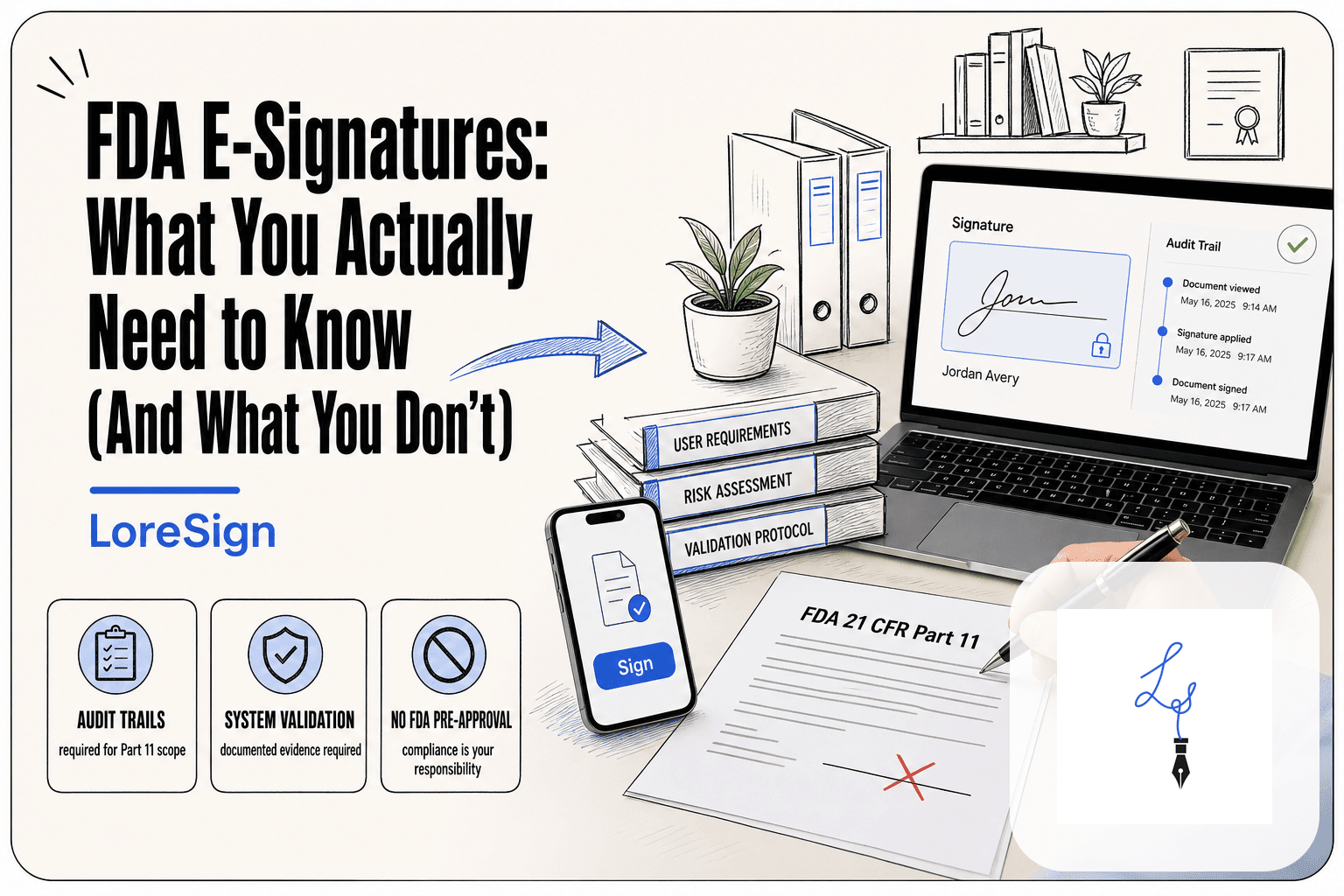LoreSign guide to FDA e-signatures showing a printed Part 11 document with a red X beside a laptop displaying an e-signature interface with a timestamped audit trail.