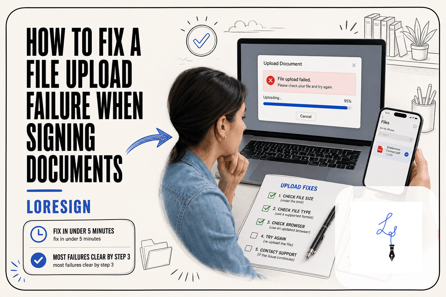 Editorial desk scene showing a laptop with a file upload error dialog, a smartphone displaying a PDF in the Files app, and a printed troubleshooting checklist with the first three steps checked off for LoreSign's guide on fixing upload failures.