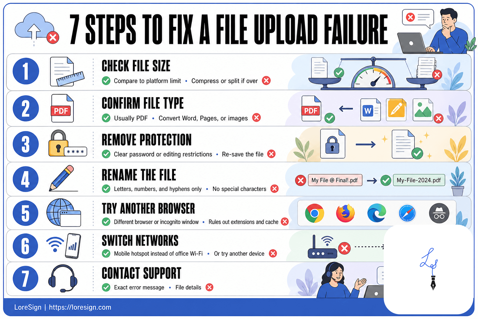 Numbered card sequence showing seven ordered steps to fix a file upload failure when signing documents, from checking file size and format to contacting support with the exact error message and file details.