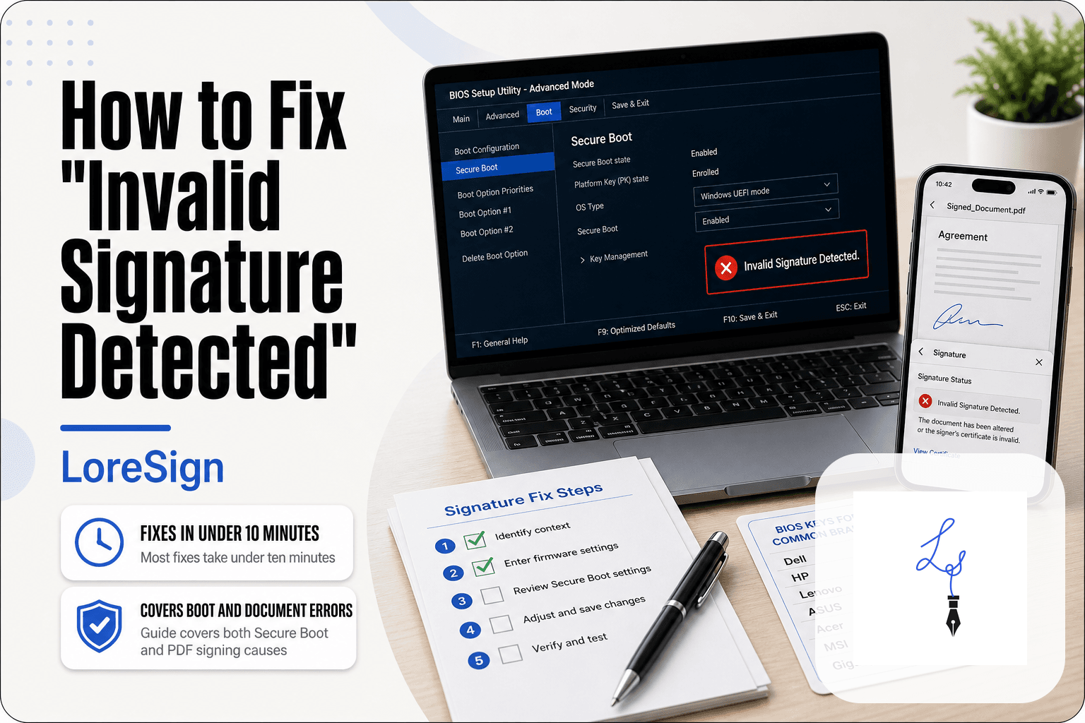 LoreSign guide to fixing Invalid Signature Detected errors, showing a laptop with a Secure Boot BIOS menu and a smartphone displaying a PDF signature certificate warning beside a printed fix checklist.