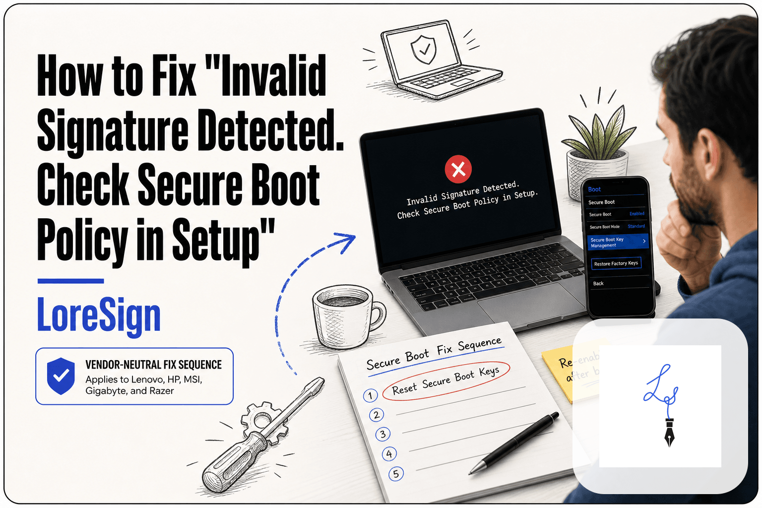 Laptop displaying Invalid Signature Detected Secure Boot error beside a smartphone showing BIOS settings and a printed fix checklist on a clean desk.