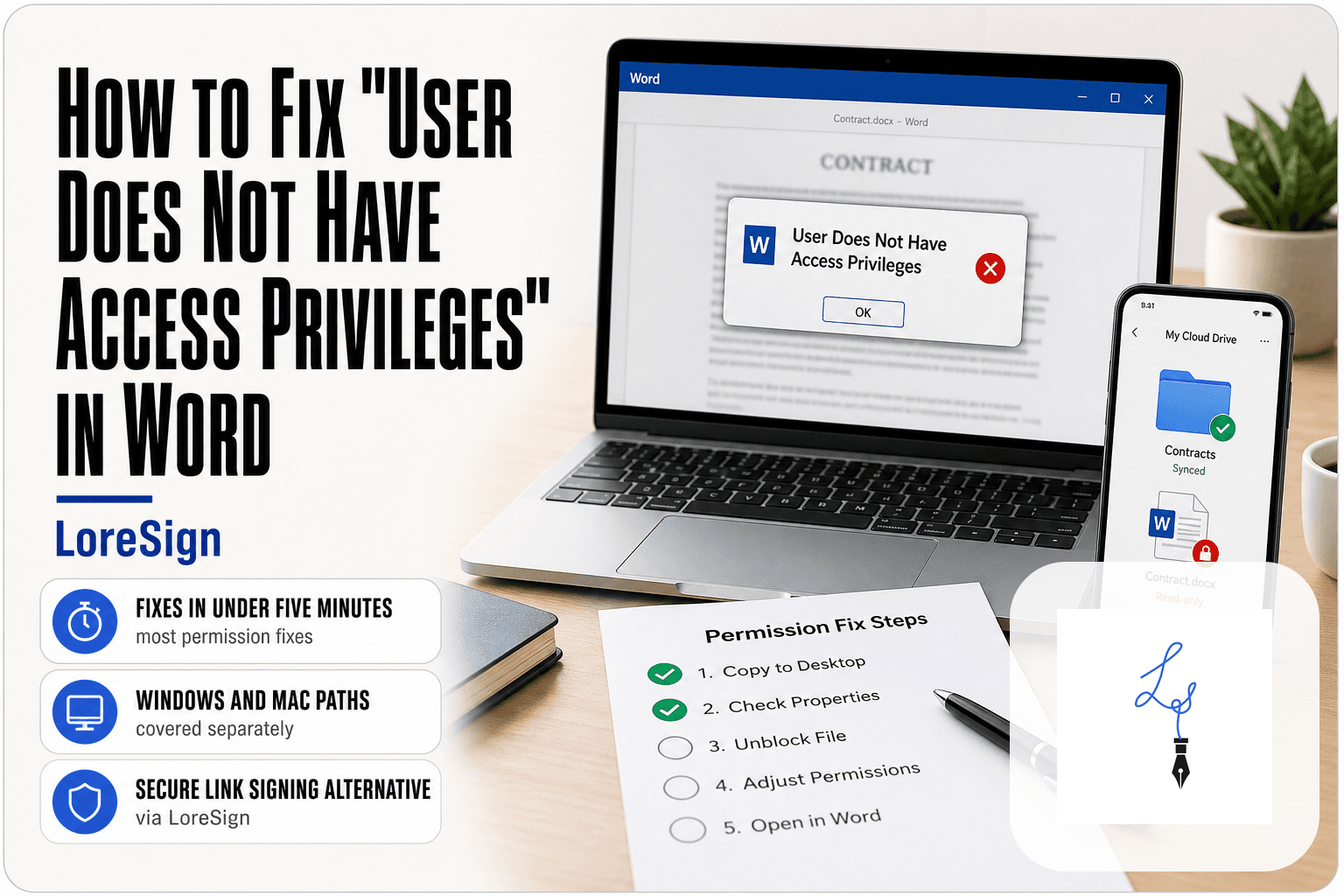 LoreSign guide showing a laptop with a Word permission error dialog, a smartphone with a cloud storage app, and a printed permission fix checklist on a clean desk.