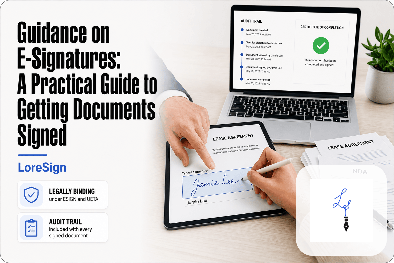 LoreSign e-signature guidance scene showing a hand signing a lease on a tablet while a laptop displays a completed e-signature with audit trail, next to printed lease and NDA documents.