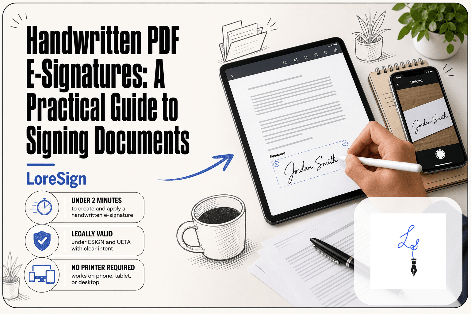 Editorial scene of a person drawing a handwritten e-signature on a tablet with a stylus while a smartphone shows a photo of a signature being uploaded, illustrating LoreSign's guide to signing PDFs without printing.