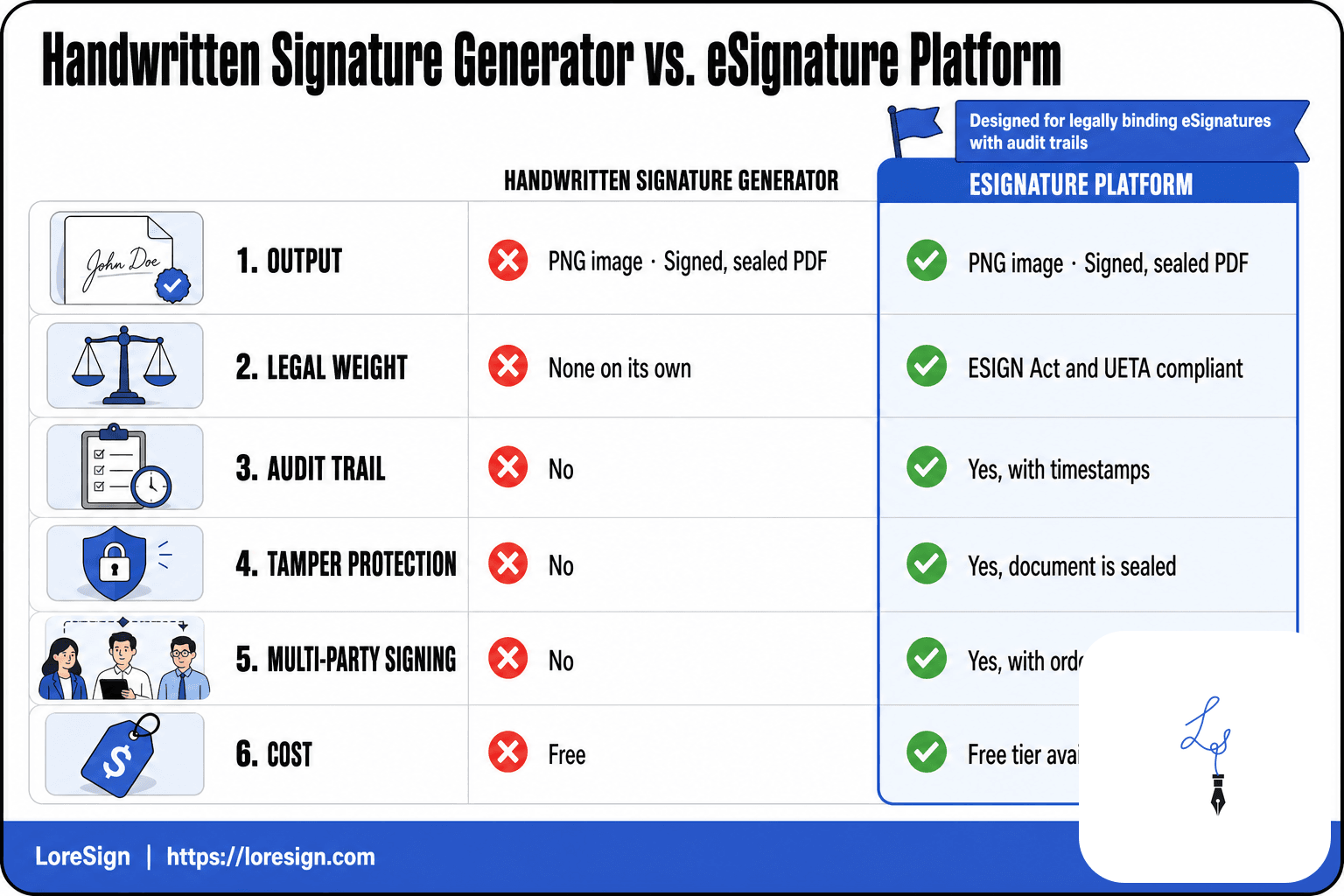 Comparison table contrasting handwritten signature generators with LoreSign eSignature platform across output, legal weight, audit trail, tamper protection, multi-party signing, and cost.