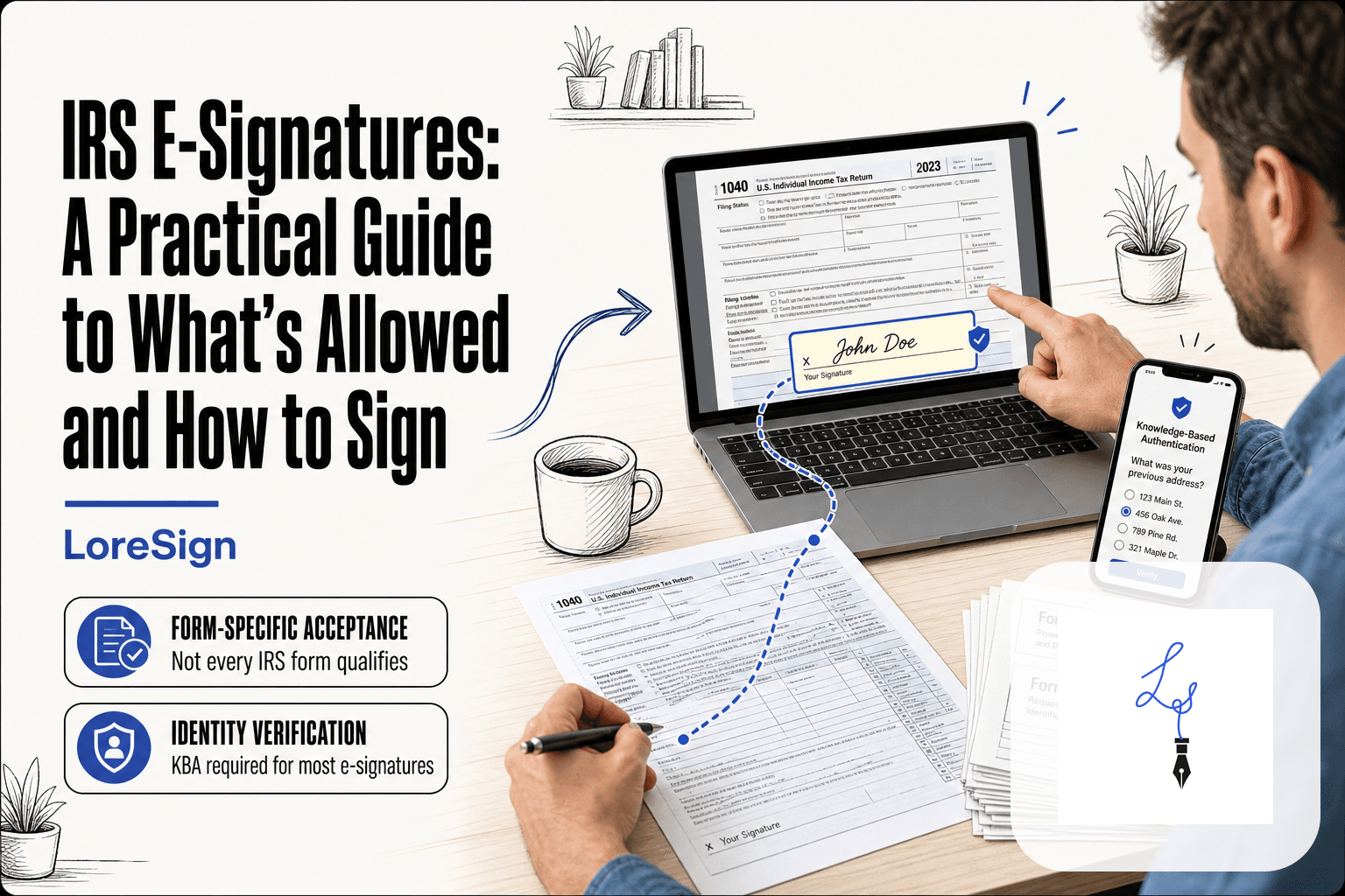 Taxpayer at a desk reviewing a printed IRS form beside a laptop showing the same form with a highlighted signature field and a smartphone displaying an identity verification question.