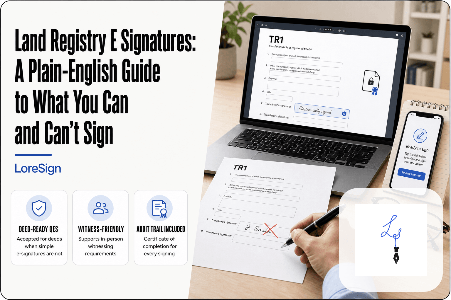 Editorial desk scene comparing a printed TR1 form marked with a red X over the wet-ink signature line and a laptop showing the same form with an electronic signature field, illustrating LoreSign's Land Registry e-signature guidance.