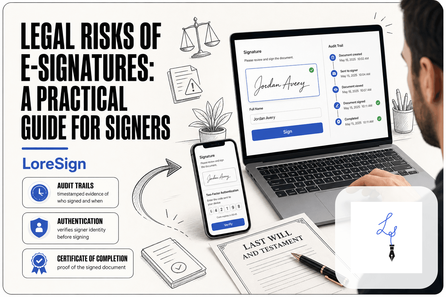 A person hesitates before clicking Sign on a laptop e-signature interface, while an unsigned printed will with a pen sits beside it, showing legal risks of e-signatures for signers.
