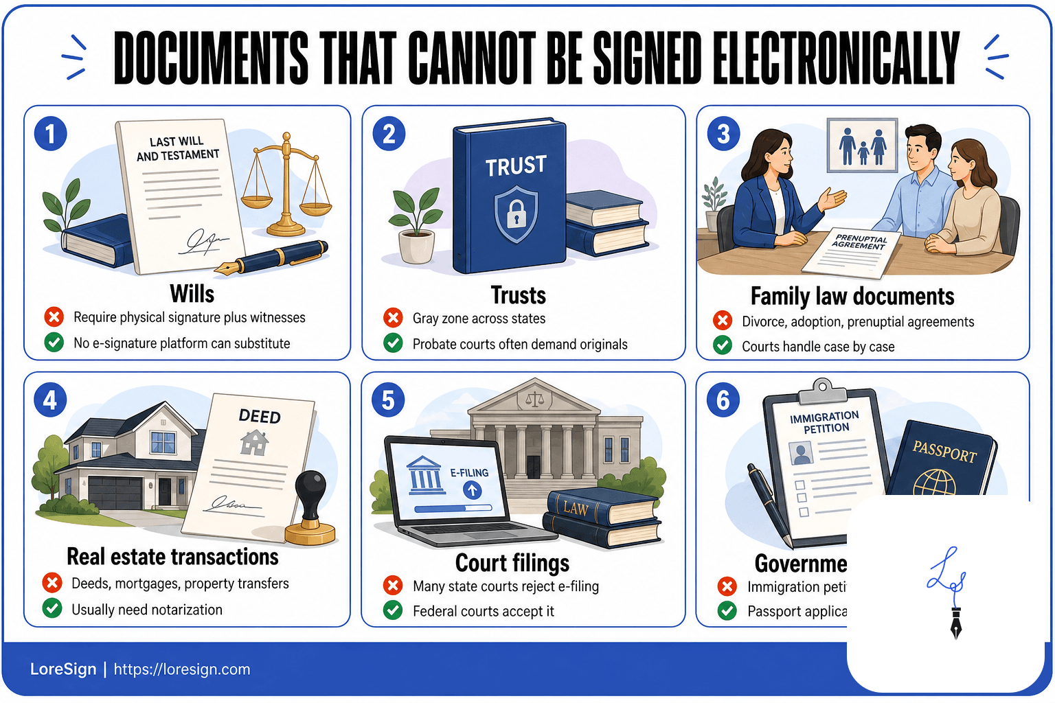 Card grid listing six document types that cannot be signed electronically, including wills, trusts, family law documents, real estate transactions, court filings, and government forms.
