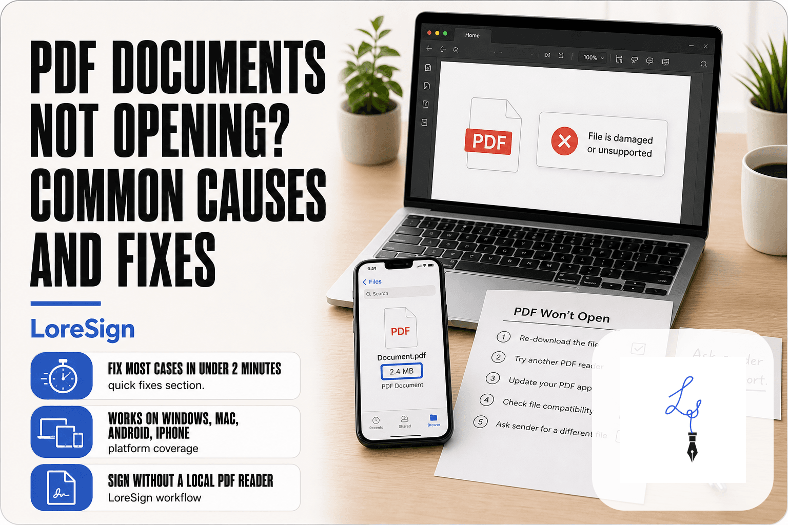 Editorial desk scene showing a laptop with a PDF error dialog, a smartphone displaying a PDF file size, and a printed troubleshooting checklist for PDF documents not opening.