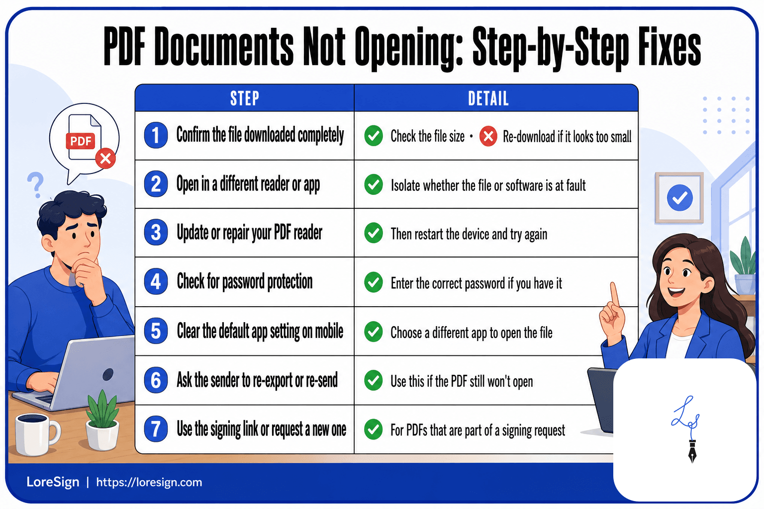 Seven-step troubleshooting sequence for PDF documents not opening, from checking download completeness to requesting a new signing link.