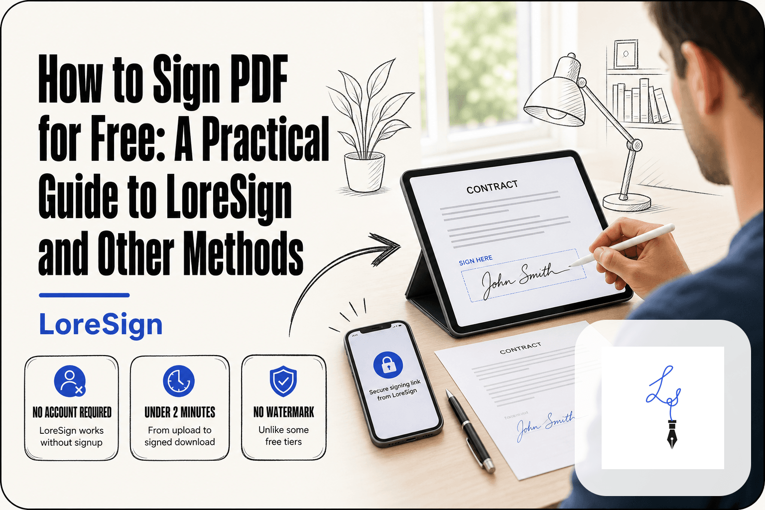 A professional signs a PDF contract on a tablet using LoreSign, with a smartphone showing a secure signing link and a paper contract on the desk.
