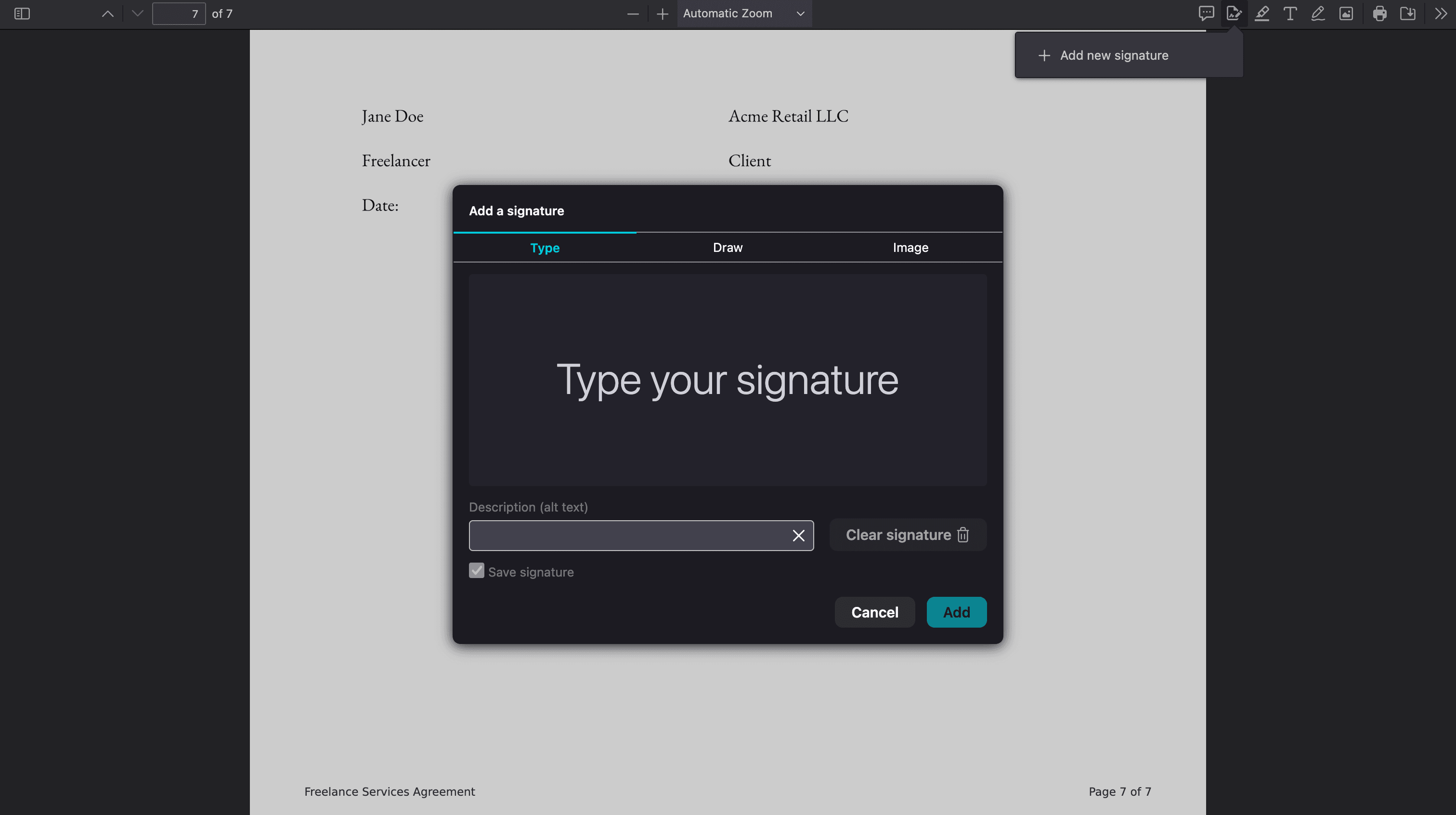 click on signature